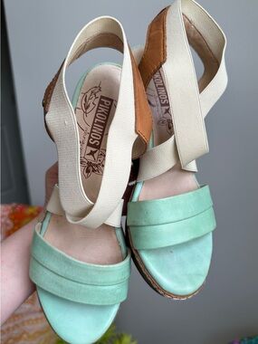 Pikolinos Mint Green Wedge Sandals with Elastic Cross Straps